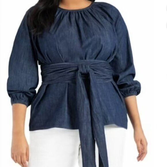 Eloquii Plus Size 16 Dramatic Faux Wrap Dark Blue Chambray Denim Blouse EUC - Picture 1 of 6